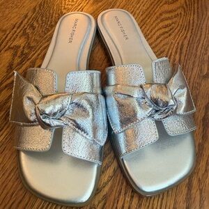 Marc Fisher Metallic Silver Bow Slide Sandals